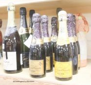 Four assorted champagnes including Bollinger, 1955 and two Pol Roger, 1998 and seven half bottles