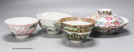 Four Chinese famille rose porcelain bowls, one with cover, diameter 16cm