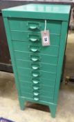 A small painted metal ten drawer filing cabinet, W.29 D.39cm H.72cm30-50