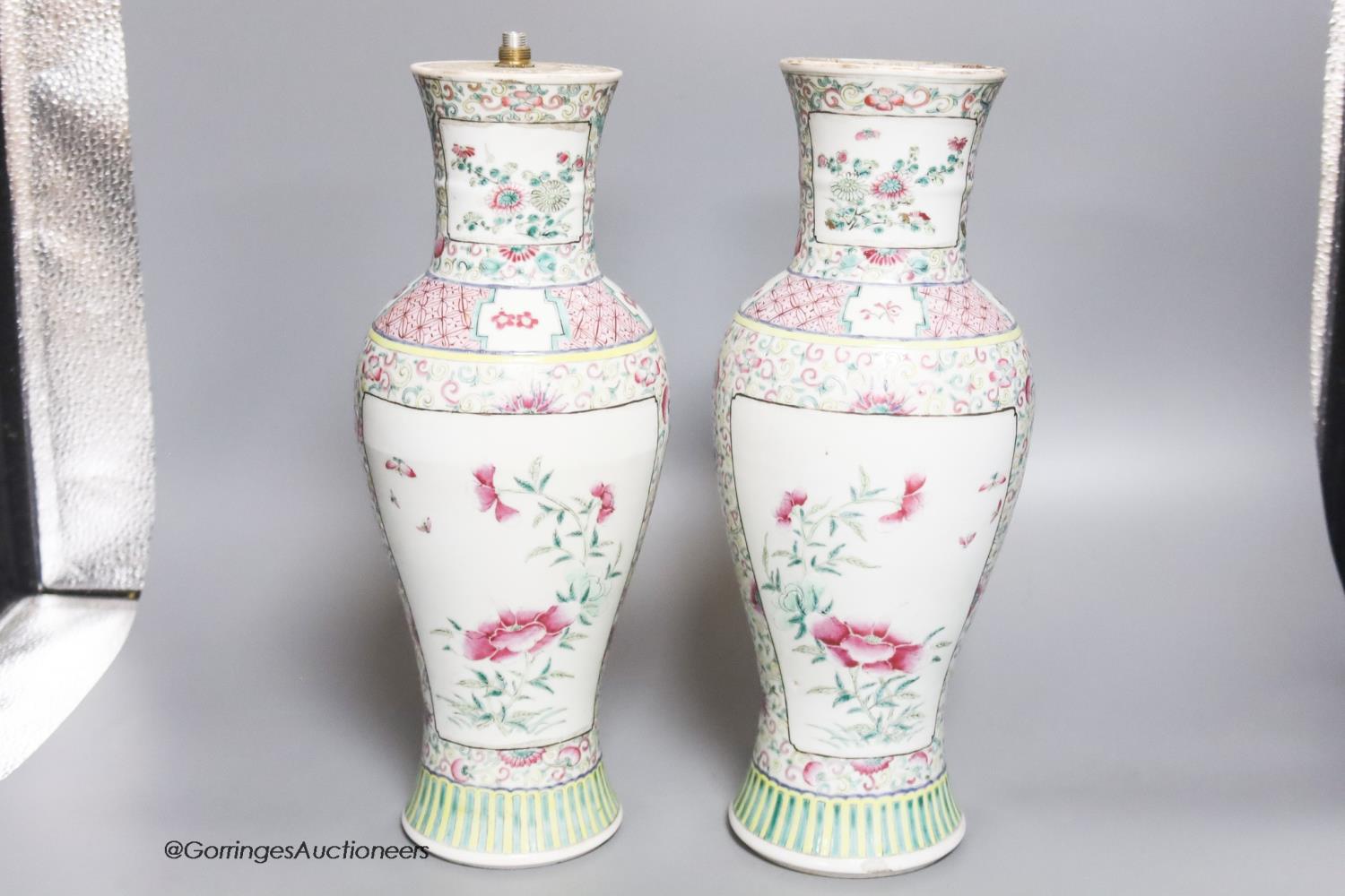 A pair of 19th century Chinese famille rose vases- ex lamp bases, height 31.5cm - Image 16 of 16