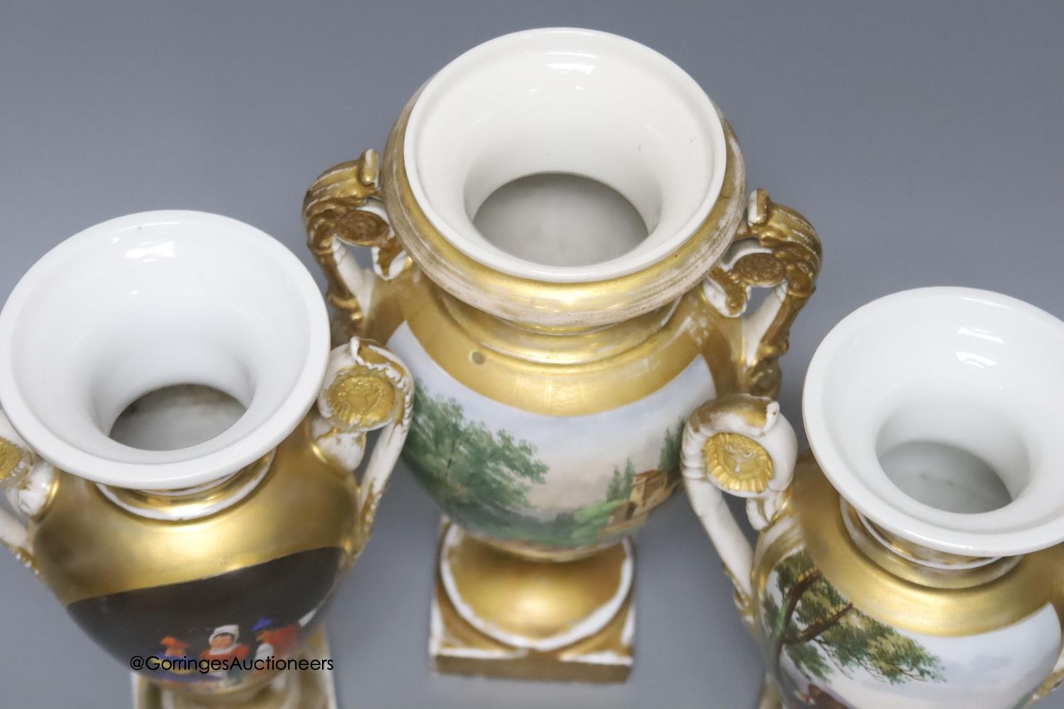 A 19th century French porcelain garniture of three vases, height 27cm - Image 3 of 4