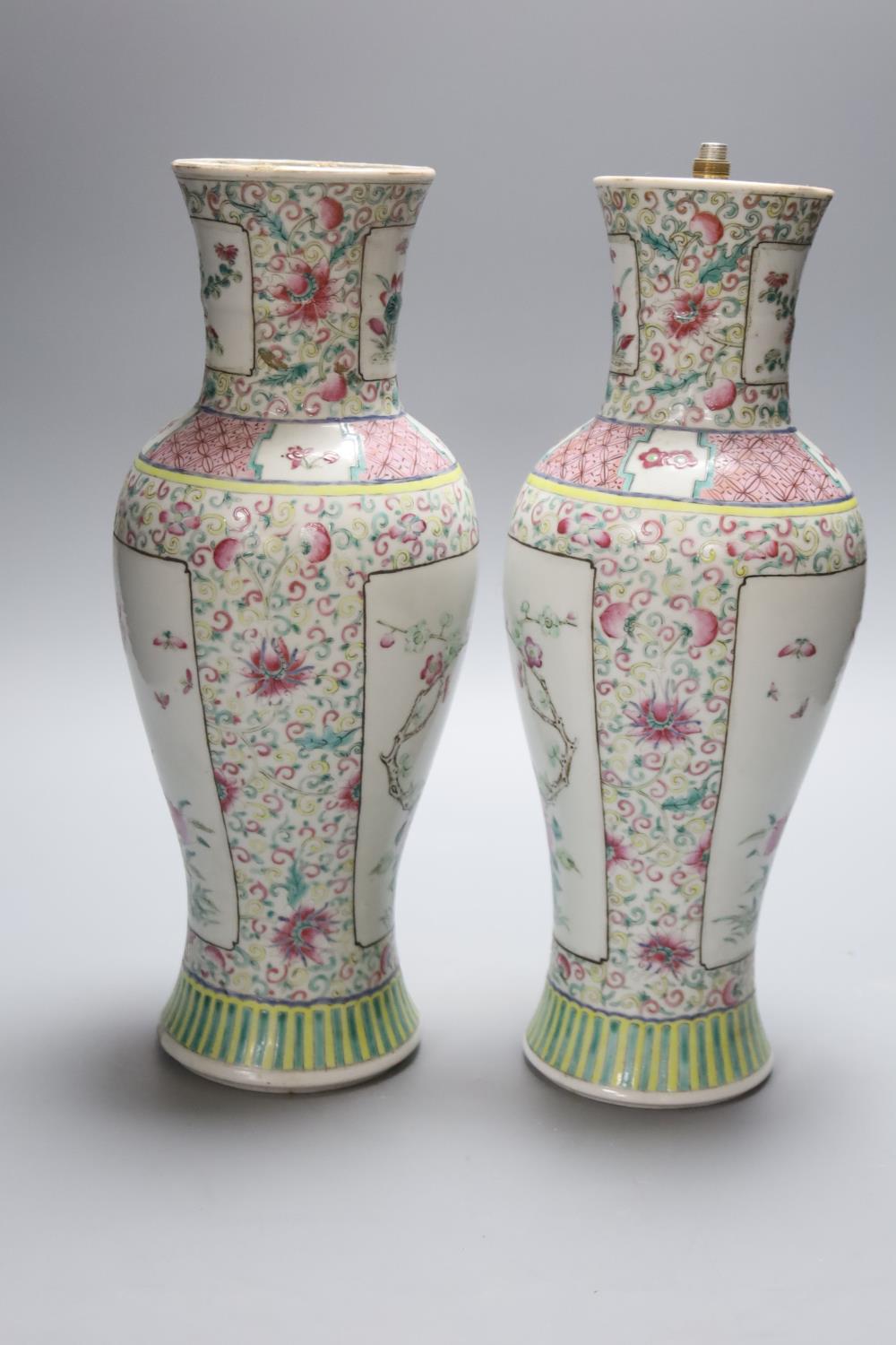 A pair of 19th century Chinese famille rose vases- ex lamp bases, height 31.5cm - Image 2 of 16