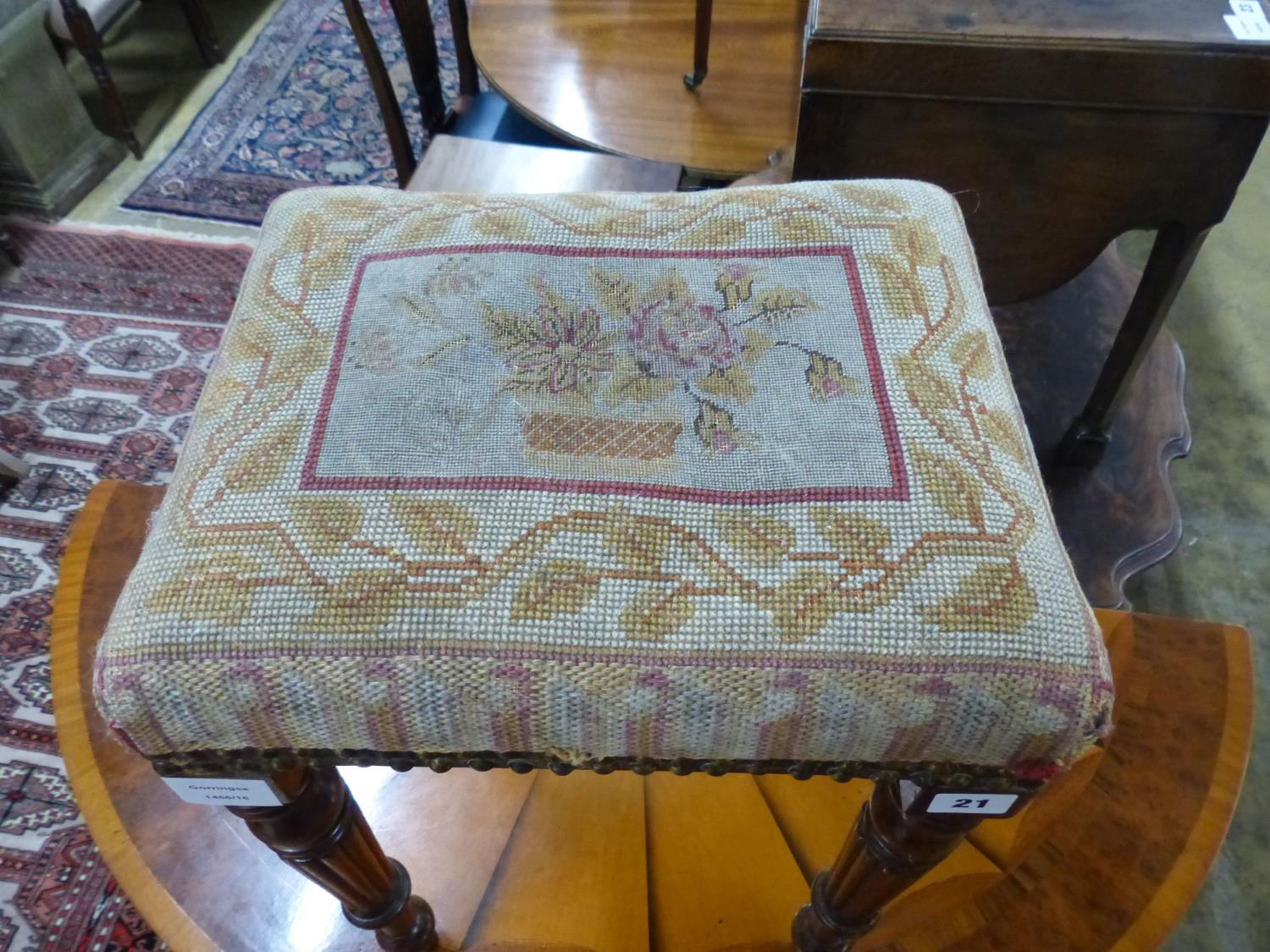 A small Regency mahogany upholstered stool, on fluted legs, W.35cm D.29cm H.51cm - Image 2 of 2