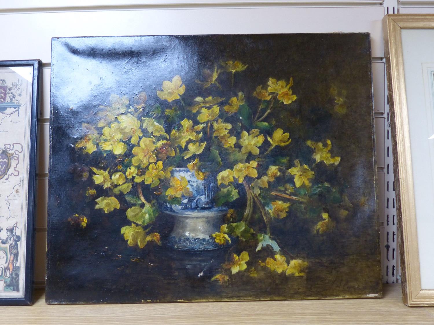 J.A. .... , oil on canvas, Still life of daffodils in a vase, signed, 46 x 56cm, unframed - Image 2 of 4