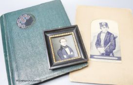 A Stevenograph type portrait album of Royals postcards and a Victorian portrait miniature