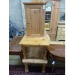 Two rectangular pine coffee tables, a pedestal and a wall cabinet