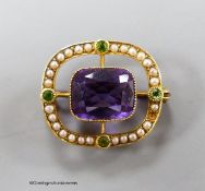 An early 20th century 15ct, amethyst, garnet and seed pearl pendant brooch, in the suffragette