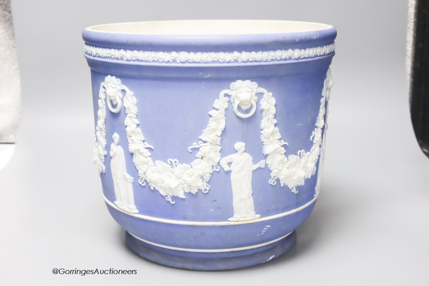 A Wedgwood blue jasper jardiniere, sprigged with muses and swags, height 23cm - Image 2 of 4