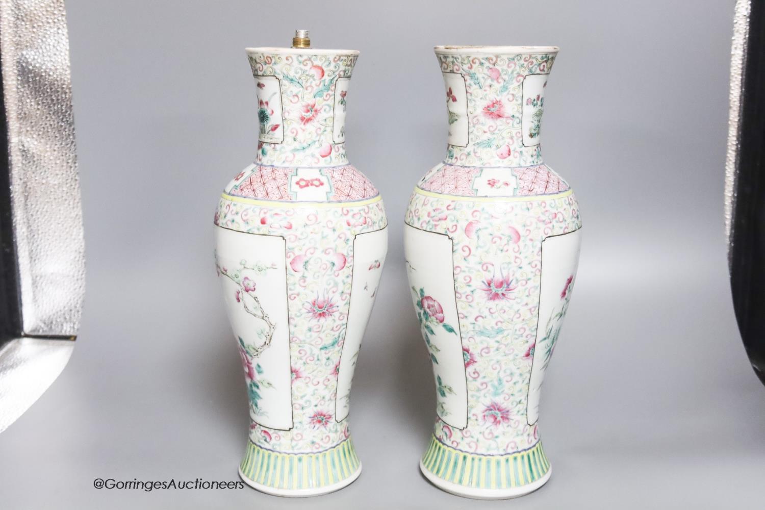 A pair of 19th century Chinese famille rose vases- ex lamp bases, height 31.5cm - Image 15 of 16