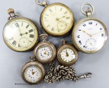 A late Victorian silver open faced pocket watch, a Swiss white metal pocket watch, one other pocket