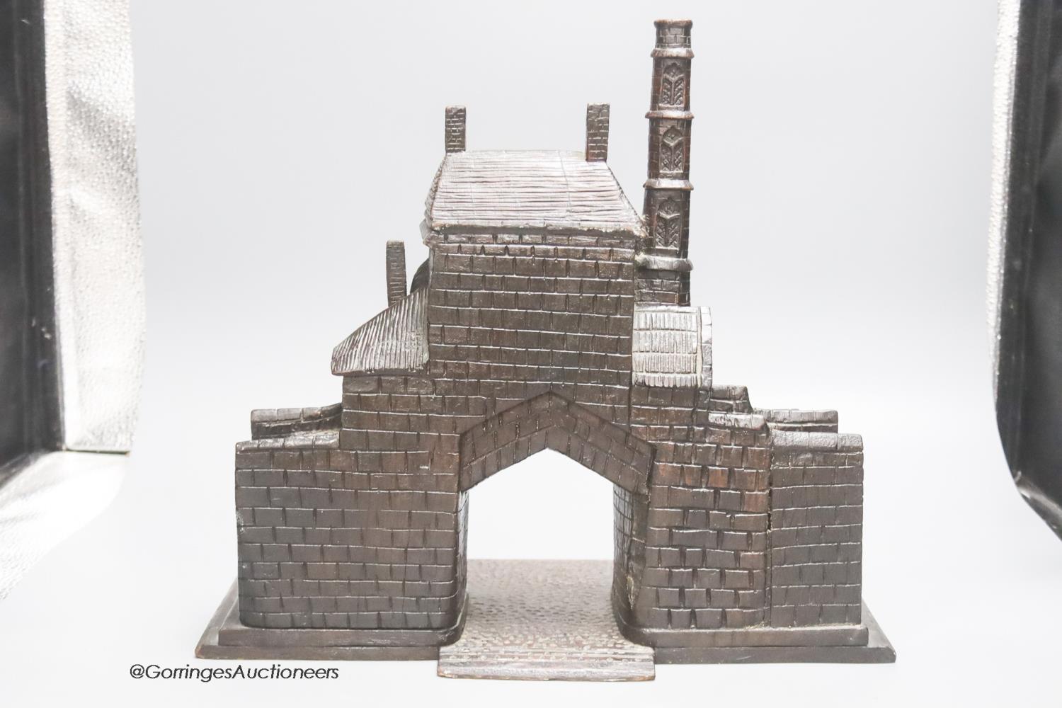 A 19th century carved oak model of a medieval Gatehouse, stamped A. Cotgreave, and inscribed 1774, - Image 2 of 2