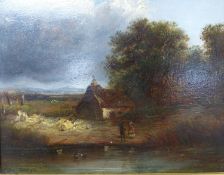 Patrick Naysmyth (1787-1831), oil on board, Figures beside a cottage in a landscape, signed, 17 x