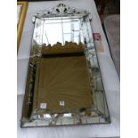 A Venetian etched glass wall mirror, W.66cm H.140cm (lower border damp stained)