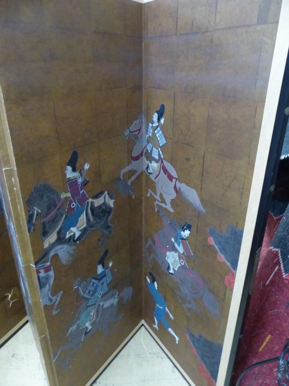 A Japanese four-fold screen, gold ground, decorated with warriors on horseback and foot, in black- - Image 10 of 11