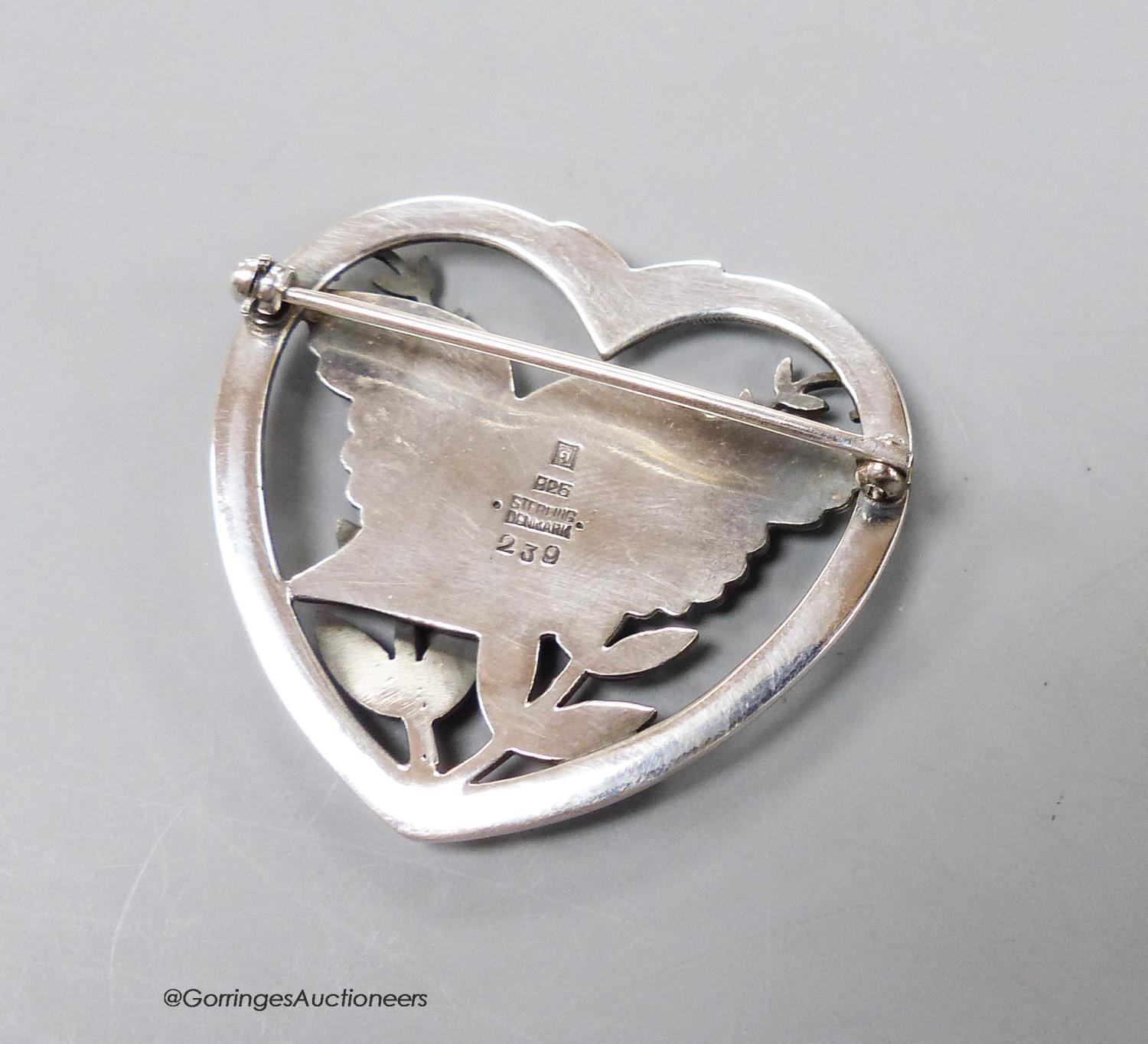 A Georg Jensen sterling heart shaped, 'bird amid foliage' brooch, design no. 239, 37mm. - Image 2 of 2
