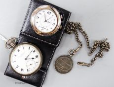 An early 20th century silver open faced keyless pocket watch, a silver and enamelled medallion on a