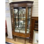 An Edwardian painted and banded mahogany and satinwood display cabinet. W-108, D-38, H-194cm.