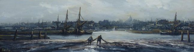 Edward Elliott (fl.1920-1934), oil on board, Estuary scene, signed, 30 x 109cm