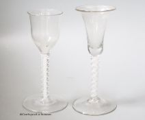 Two 18th century cotton twist stemmed wine glasses, tallest 15.5cm, one wth a rim chip