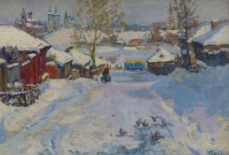 Russian School, oil on canvas, Town in winter, signed and dated '63 and inscribed verso, 57 x 81cm