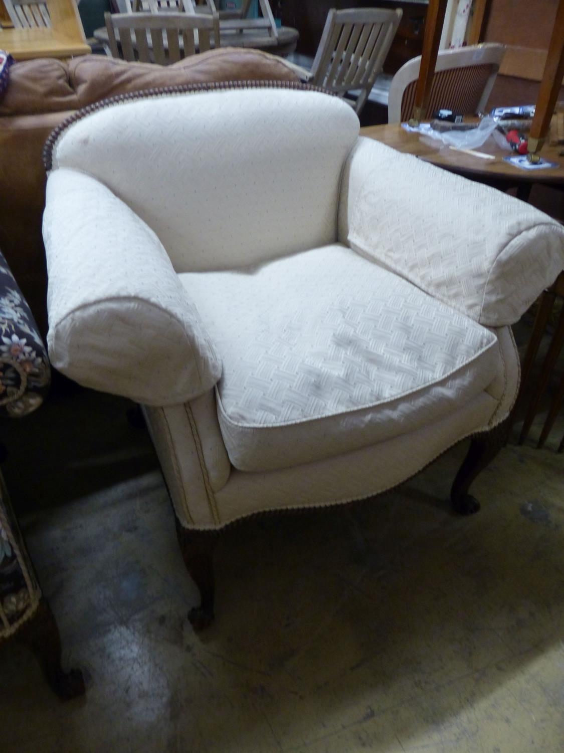 A late 19th century Continental mahogany scroll arm sofa and armchair, sofa upholstered in a floral - Image 3 of 3