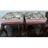 A pair of Victorian mahogany square topped tapestry upholstered stools, on cabriole legs, W.45cm D.