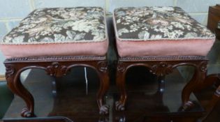 A pair of Victorian mahogany square topped tapestry upholstered stools, on cabriole legs, W.45cm D.