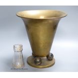 A Hoffman style brass vase and a small secessionist style glass vase, 24cm tall
