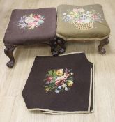 Two Victorian mahogany foot stools (a.f.) and two panels of woolwork