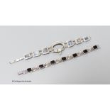 A 925 white metal and agate set bracelet, 19cm and a white metal, black onyx and marcasite set