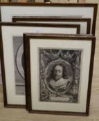 After Nanteuil, engraving, portrait of a seated cardinal, and six other assorted engravings,