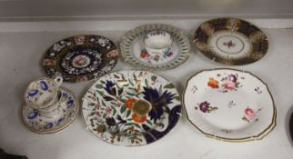 The collection of 19th century English and German porcelain plates, two coffee cups and saucers