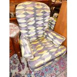 A Victorian armchair in Sanderson fabric, width 84cm, depth 78cm, height 100cm