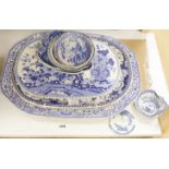 A collection of blue and white porcelain, transfer printed meat dishes, etc.