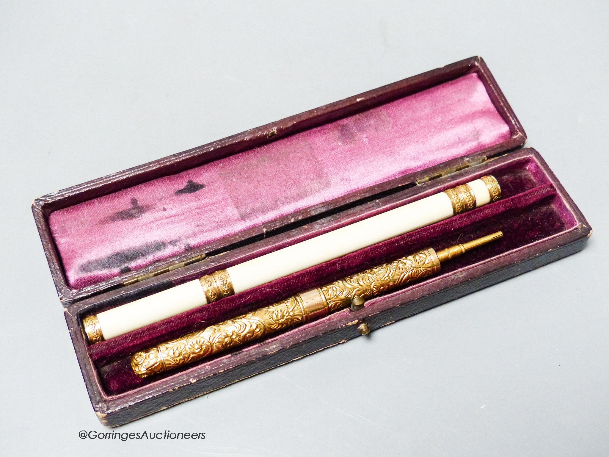 An antique French gold mounted ivory combined pen/pencil and a combined telescopic pen/pencil - Image 2 of 2