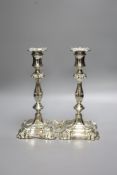 A pair of Walker & Hall silver plated candlesticks, height 29cm