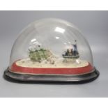 A Victorian spun glass diorama of ships, under a glass dome, height 22cm