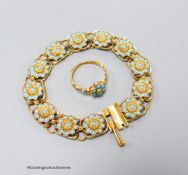 A yellow metal and blue enamel flower form twelve-cluster bracelet, 16.5cm, gross16.1 grams and an