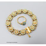 A yellow metal and blue enamel flower form twelve-cluster bracelet, 16.5cm, gross16.1 grams and an