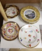 A collection of eight F & R Pratt landscape plates and six 19th-century porcelain plates