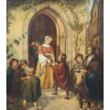 19th century German SchoolLady giving alms at a church doorOil on canvas63 x 55cm.