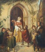 19th century German SchoolLady giving alms at a church doorOil on canvas63 x 55cm.