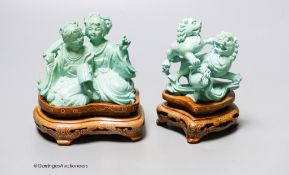 Two Chinese turquoise matrix groups of lion-dogs and of two kneeling ladies, mid 20th century, wood