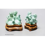 Two Chinese turquoise matrix groups of lion-dogs and of two kneeling ladies, mid 20th century, wood
