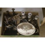 Assorted plated wares including tea set, candelabra, flatware, 19th century tureens and covers etc.