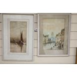 H Culverwell, watercolour, Evening on the river, signed, 37 x 19cm. And a watercolour canal scene