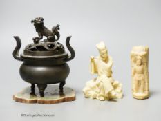 A Japanese bronze censer, a marine Ivory handle and a simulated Ivory figure