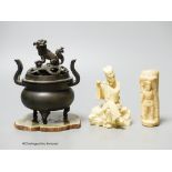 A Japanese bronze censer, a marine Ivory handle and a simulated Ivory figure