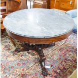 An early 19th century French continental mahogany circular marble topped centre table, 97cm