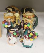 Four Royal Doulton character jugs and a collection of Royal Doulton balloon sellers